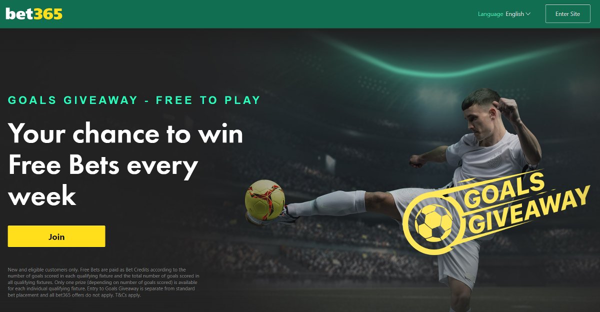 Bet365 free bets every week with Goals Giveaway promotion